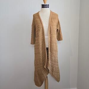 Chico's Women's Tan Short Sleeve Knit Long Open Cardigan Sweater Sz 2